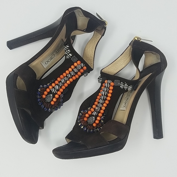 JIMMY CHOO 'Riv' Beaded T-Strap Sandal Suede Heel - Picture 2 of 9